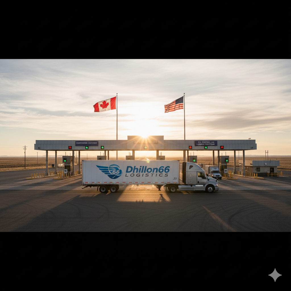 Trucks at a border crossing representing cross-border shipping services.