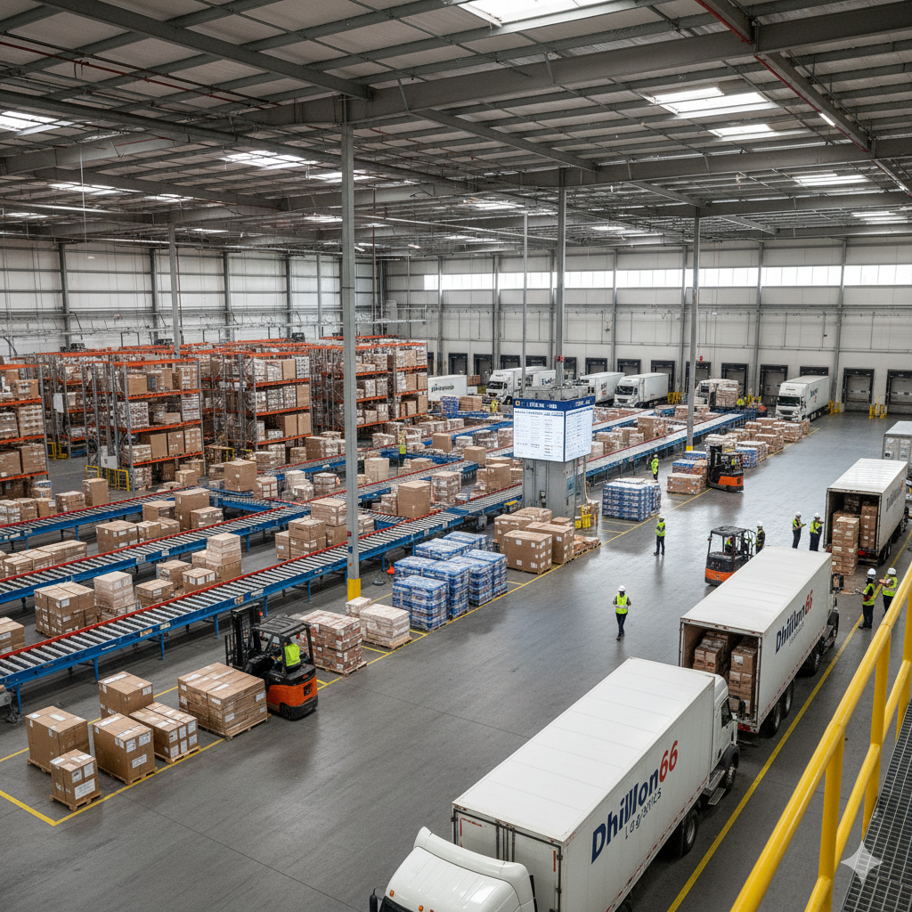 Interior of a large, organized logistics distribution center