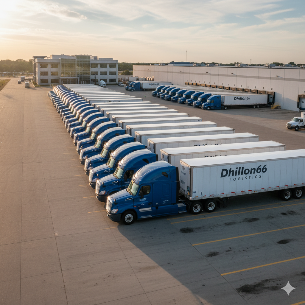 A fleet of modern Dhillon66 trucks lined up at a depot