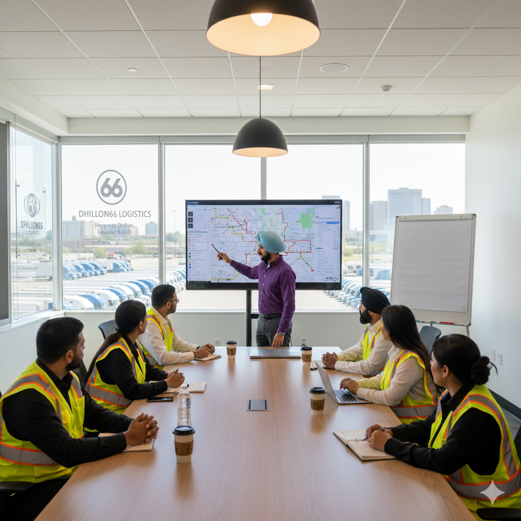 The logistics team in a meeting, planning routes on a large screen