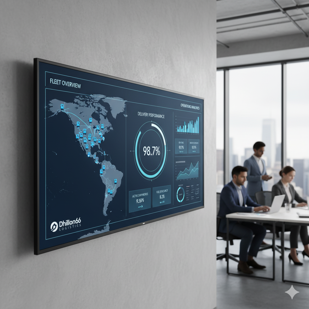 A close-up of a tablet showing the real-time fleet tracking dashboard